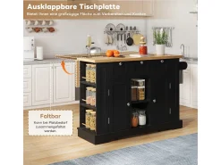 Mesa de cocina móvil de 132cm de estilo rústico con encimera plegable y toma de corriente.