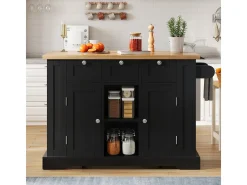 Mesa de cocina móvil de 132cm de estilo rústico con encimera plegable y toma de corriente.