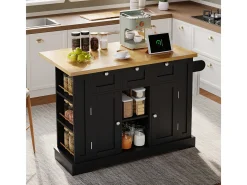 Mesa de cocina móvil de 132cm de estilo rústico con encimera plegable y toma de corriente.