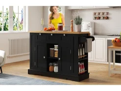 Mesa de cocina móvil, estilo rústico, superficie plegable, almacenamiento multifuncional, estantes, ruedas (132x70x87 cm)