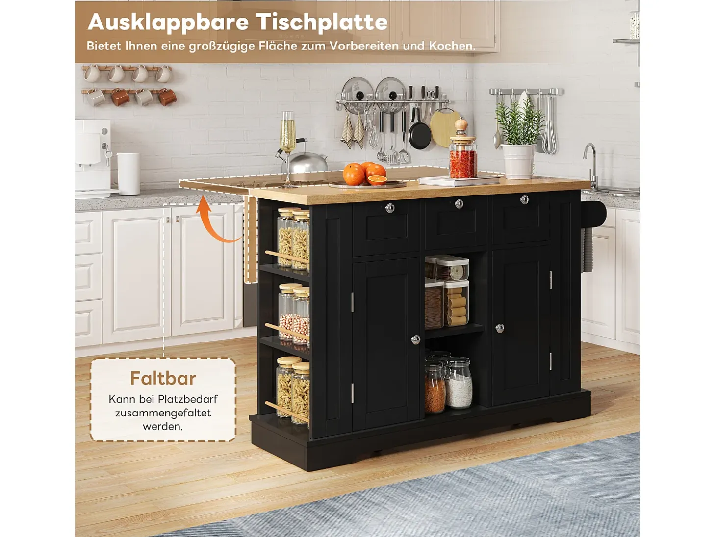 Mesa de cocina móvil, estilo rústico, superficie plegable, almacenamiento multifuncional, estantes, ruedas (132x70x87 cm)