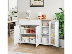 Mesa de cocina móvil plegable de roble, 132,5 x 44 x 90 cm, mueble multifunción, 5 ruedas