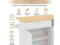 Mesa de cocina móvil plegable de roble, 132,5 x 44 x 90 cm, mueble multifunción, 5 ruedas