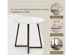 Mesa de comedor - 80 x 80 x 75 cm - Mesa redonda de metal con moderno diseño de mármol - MDF - Blanco/dorado
