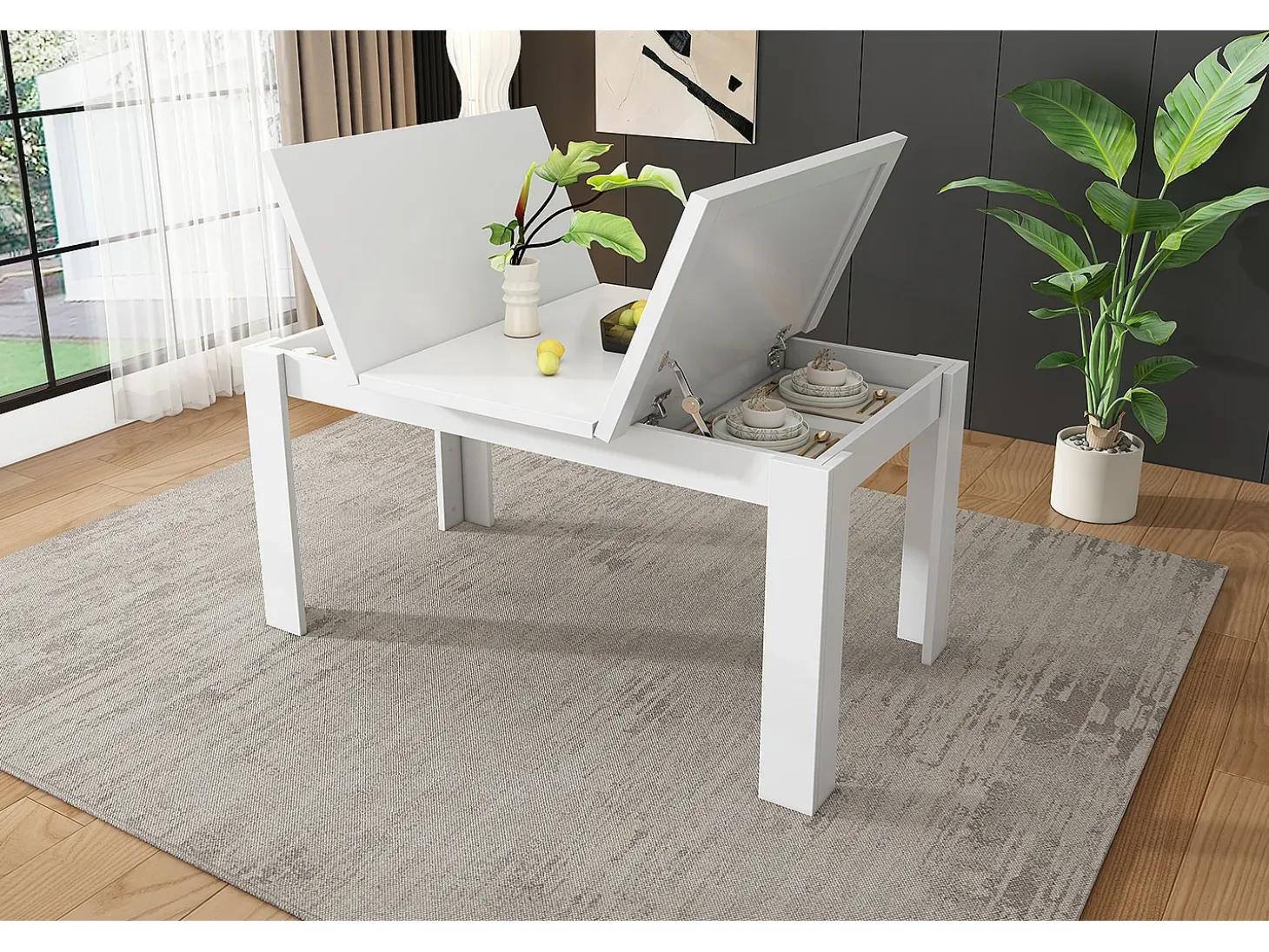 Mesa de comedor 12070 cm, con almacenaje, diseño moderno, MDF, blanco (120,65x49,53x22,23 cm)
