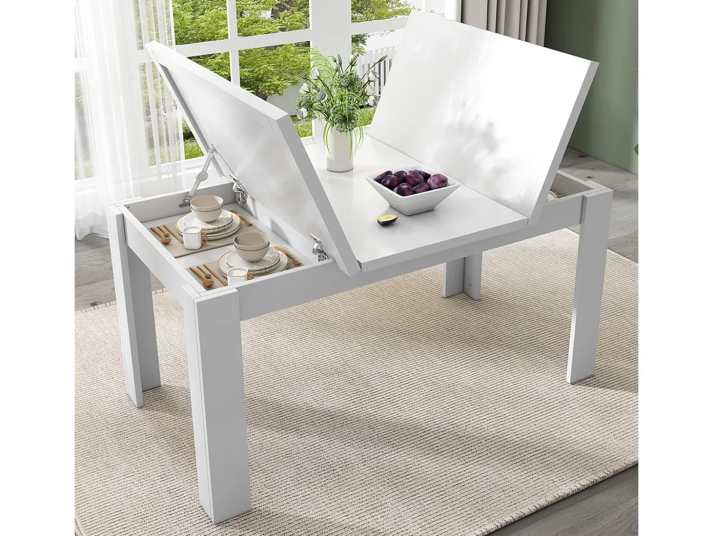 Mesa de comedor 12070 cm, con almacenaje, diseño moderno, MDF, blanco (120,65x49,53x22,23 cm)