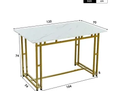 Mesa de comedor - tapa efecto mármol - patas de metal dorado - 120x70cm - Blanco y Dorado