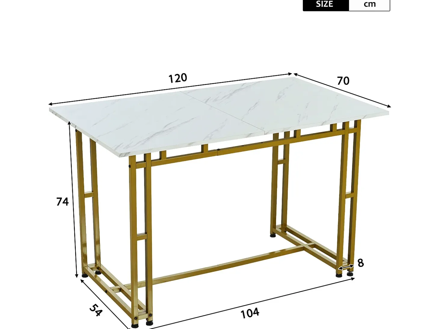 Mesa de comedor - tapa efecto mármol - patas de metal dorado - 120x70cm - Blanco y Dorado