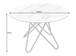 Mesa de comedor BAUMA 120 cm – Tablero redondo de cerámica efecto mármol blanco y patas de metal – Estilo moderno chic