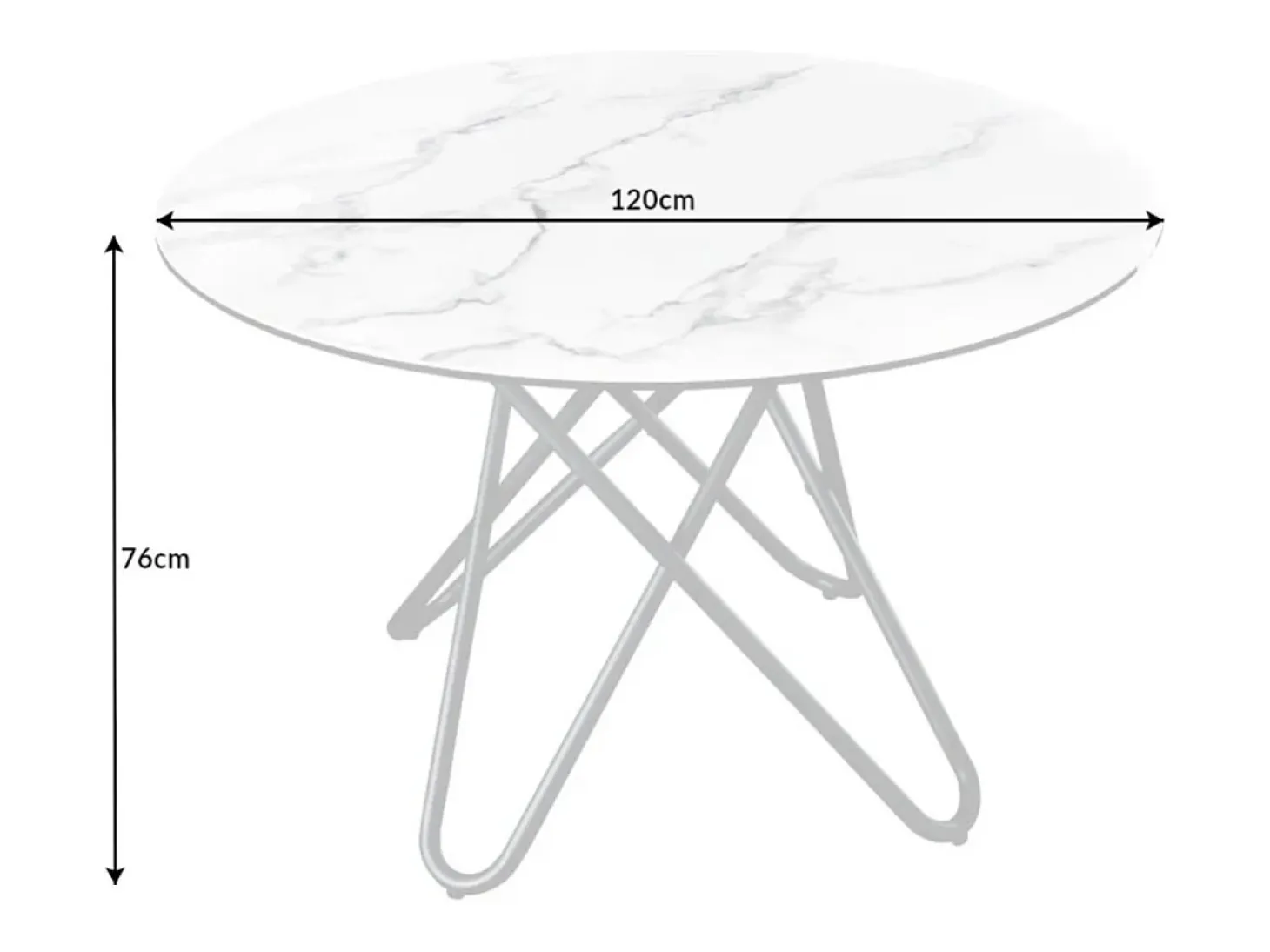 Mesa de comedor BAUMA 120 cm – Tablero redondo de cerámica efecto mármol blanco y patas de metal – Estilo moderno chic