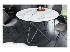 Mesa de comedor BAUMA 120 cm – Tablero redondo de cerámica efecto mármol blanco y patas de metal – Estilo moderno chic