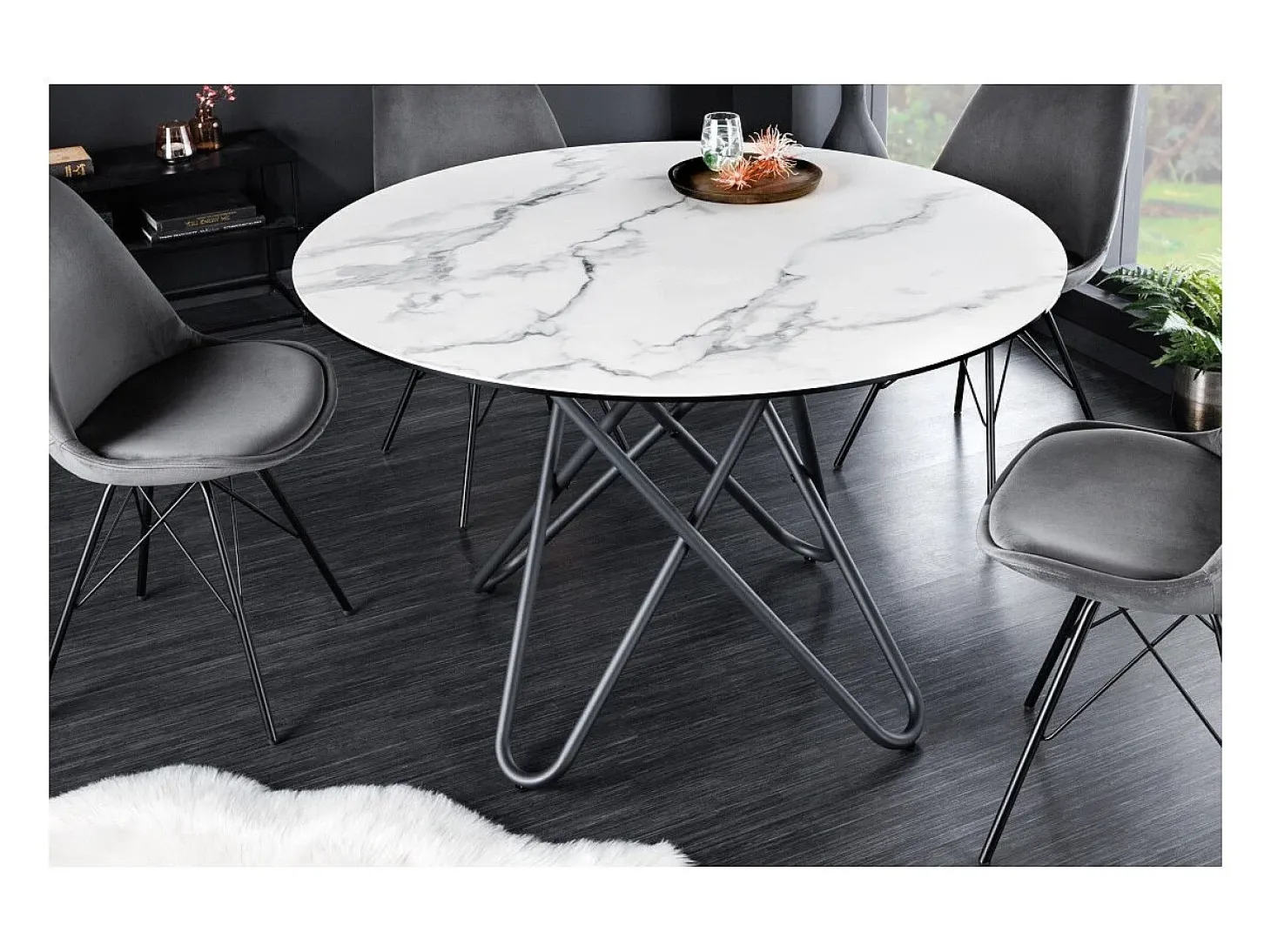 Mesa de comedor BAUMA 120 cm – Tablero redondo de cerámica efecto mármol blanco y patas de metal – Estilo moderno chic