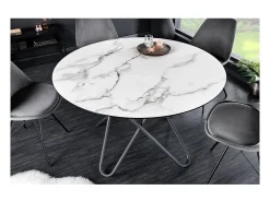 Mesa de comedor BAUMA 120 cm – Tablero redondo de cerámica efecto mármol blanco y patas de metal – Estilo moderno chic