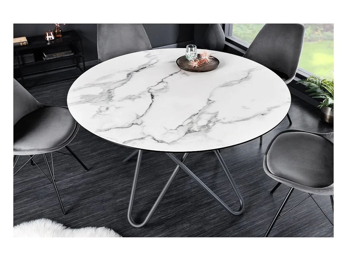 Mesa de comedor BAUMA 120 cm – Tablero redondo de cerámica efecto mármol blanco y patas de metal – Estilo moderno chic