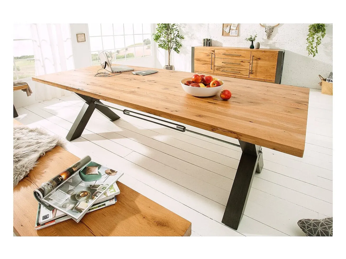 Mesa de comedor CAVARA – Roble salvaje y metal negro – 200 cm – Estilo industrial