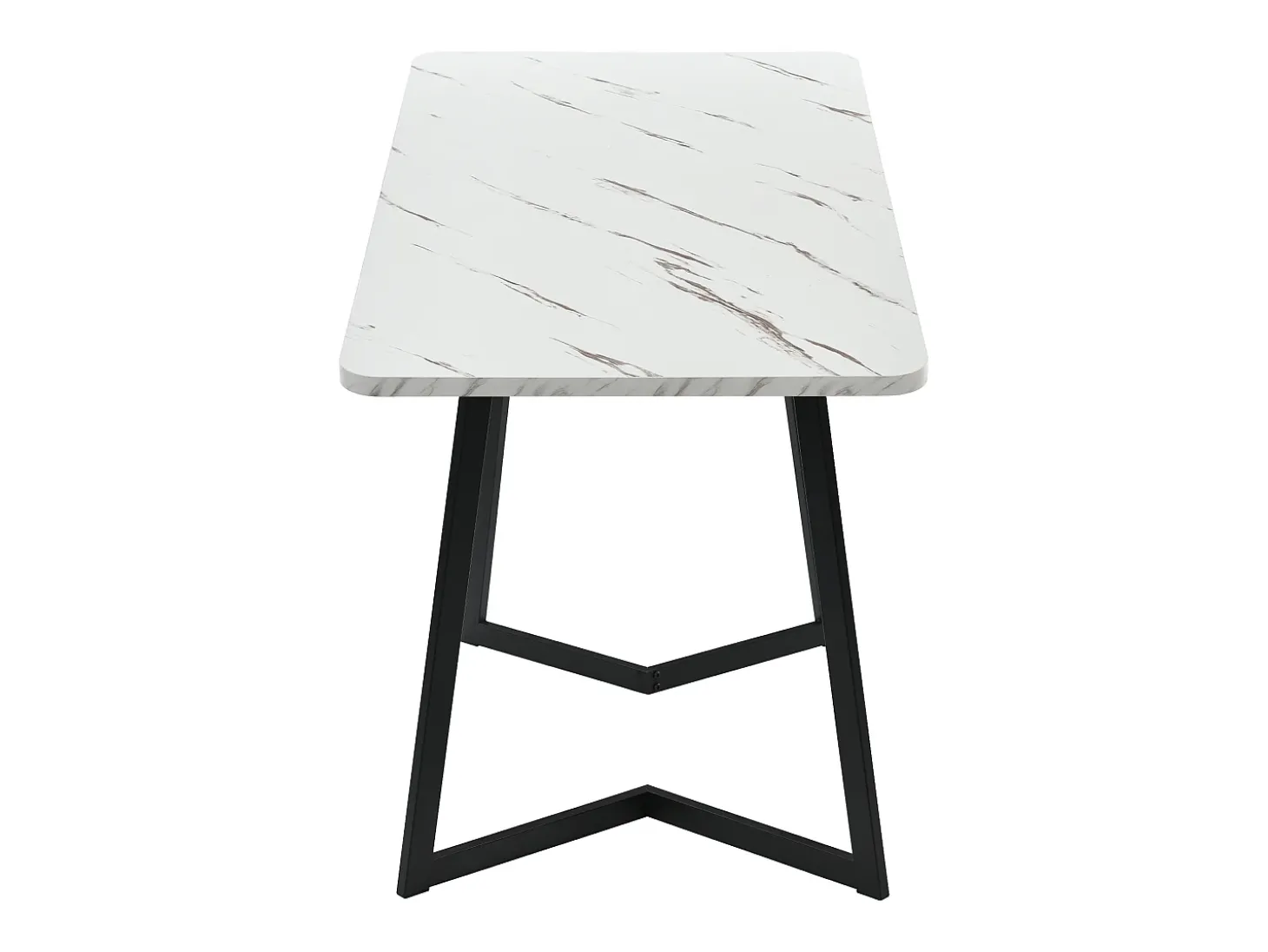 Mesa de comedor chapada efecto mármol blanco, 4-6 plazas, 117x68cm, fabricada en MDF, patas de metal negro.