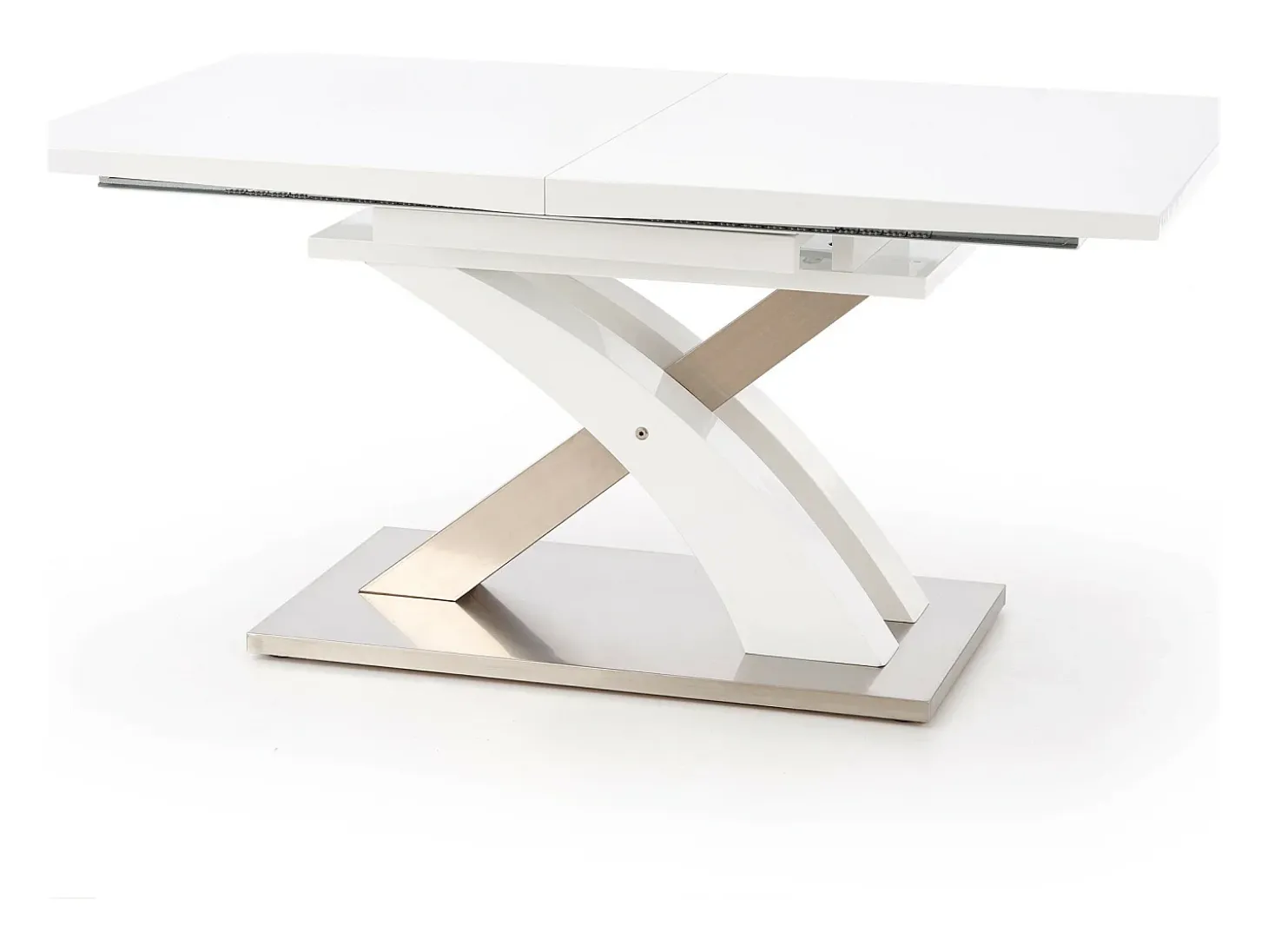 Mesa de comedor Cleo de diseño en lacado blanco y cristal con hoja extensible