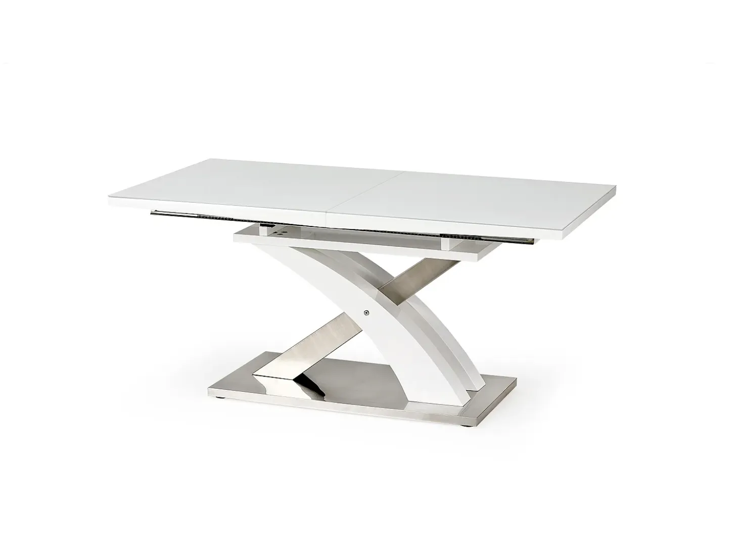 Mesa de comedor Cleo de diseño en lacado blanco y cristal con hoja extensible