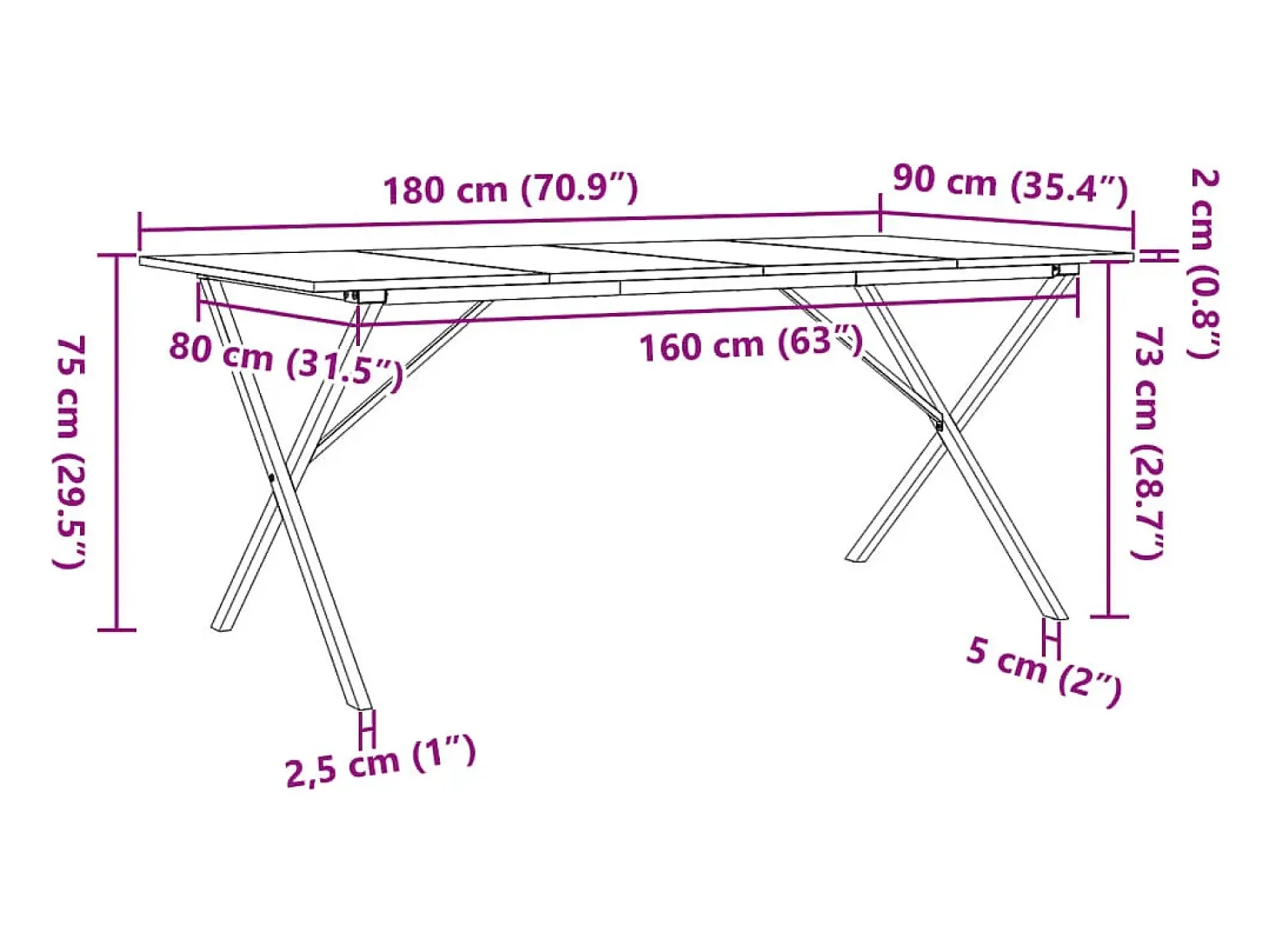 Mesa de comedor con estructura en X 180x90x75 cm madera maciza de pino acero