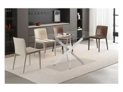Mesa de comedor CRISTELIA – 160x90 cm – Tablero de cristal – Patas de metal cromado – Diseño elegante y luminoso