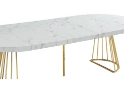 Mesa de comedor de 2 a 12 comensales de MDF y acero - Efecto mármol blanco y dorado - FIRELA