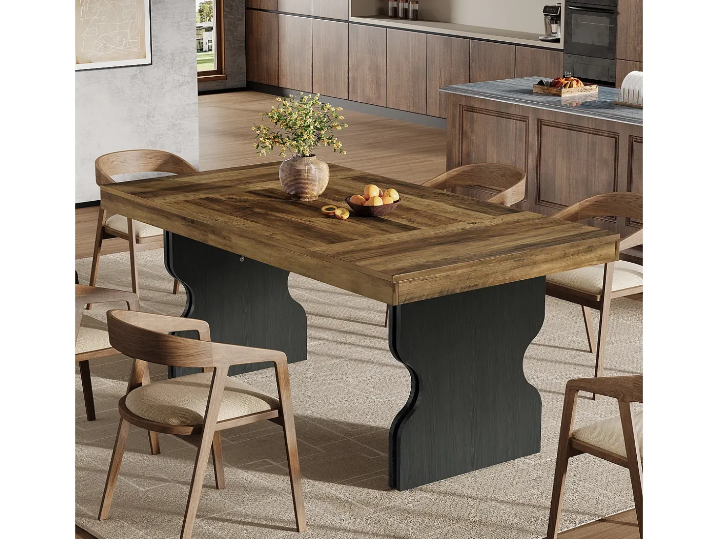 Mesa de comedor de 160 cm para 4-6 personas, mueble de cocina y comedor estilo campesino con patas en forma de reloj de arena, marrón y negro (solo la mesa)