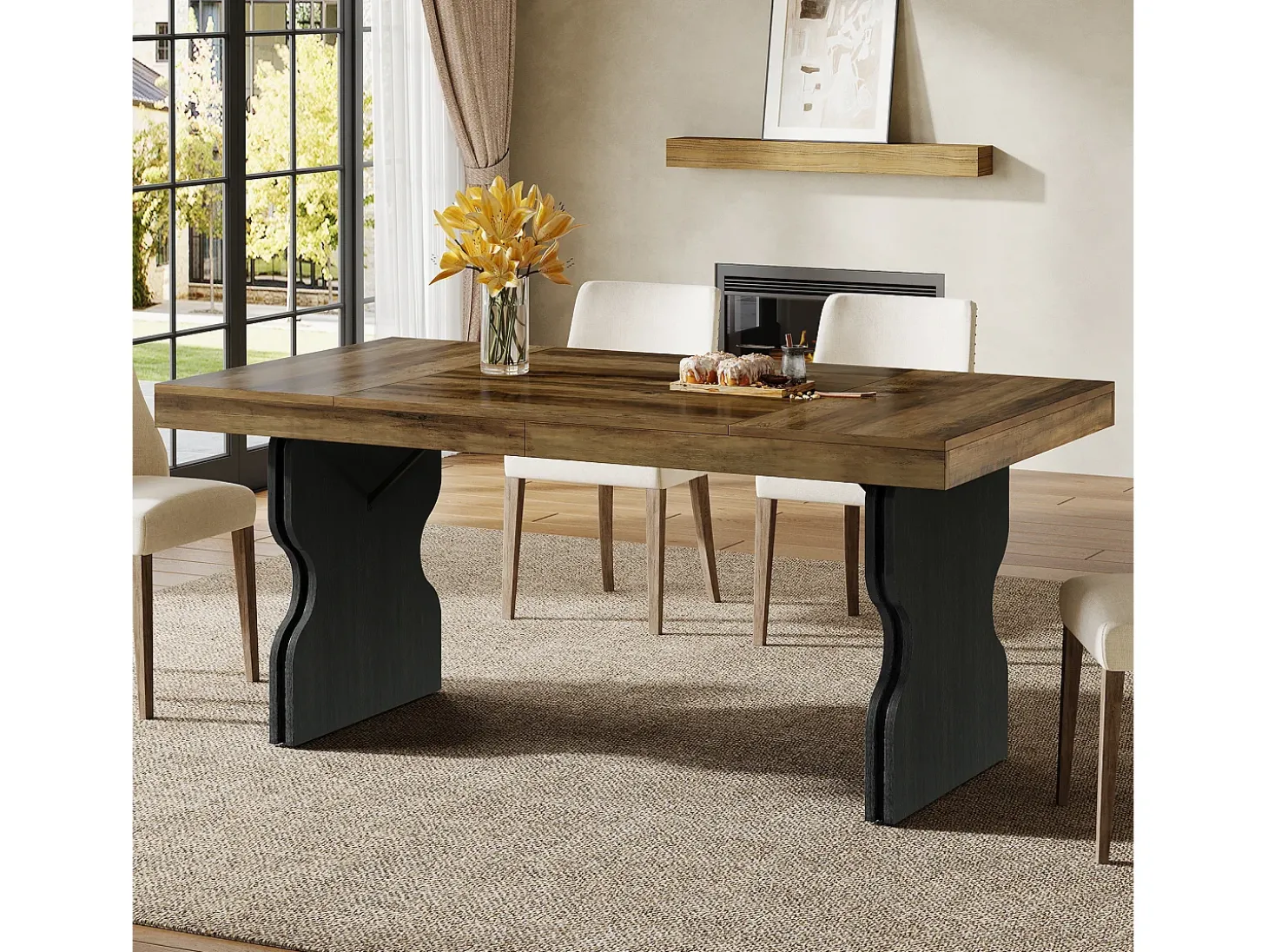 Mesa de comedor de 160 cm para 4-6 personas, mueble de cocina y comedor estilo campesino con patas en forma de reloj de arena, marrón y negro (solo la mesa)