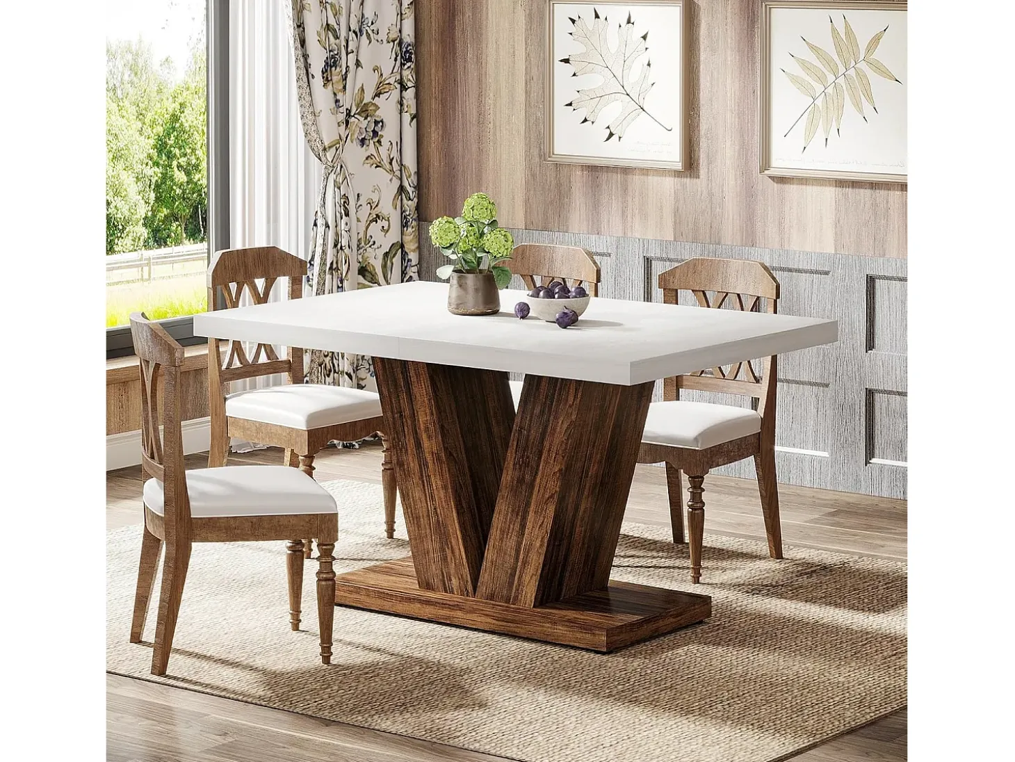Mesa de comedor de 120 cm para 4 personas, mesa de cocina blanca con pedestal robusto
