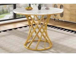 Mesa de comedor de 4 plazas - 80 x 80 x 76 cm - mesa redonda con patas de metal dorado - tablero de MDF jaspeado - MDF + metal - blanco