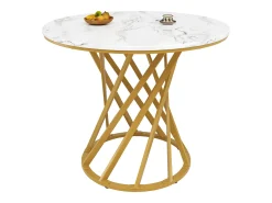 Mesa de comedor de 4 plazas - 80 x 80 x 76 cm - mesa redonda con patas de metal dorado - tablero de MDF jaspeado - MDF + metal - blanco