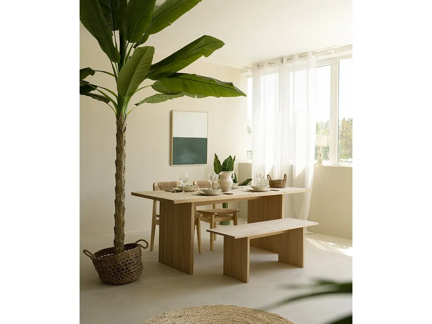 Mesa de comedor de madera de pino maciza rectangular con patas ranuradas Decowood de 180x80cm en tono natural - BALI - DECOWOOD