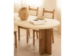 Mesa de comedor de madera maciza de abeto ovalada Decowood en tono blanco en microcemento y patas roble oscuro de 160x78cm - TOKYO - DECOWOOD