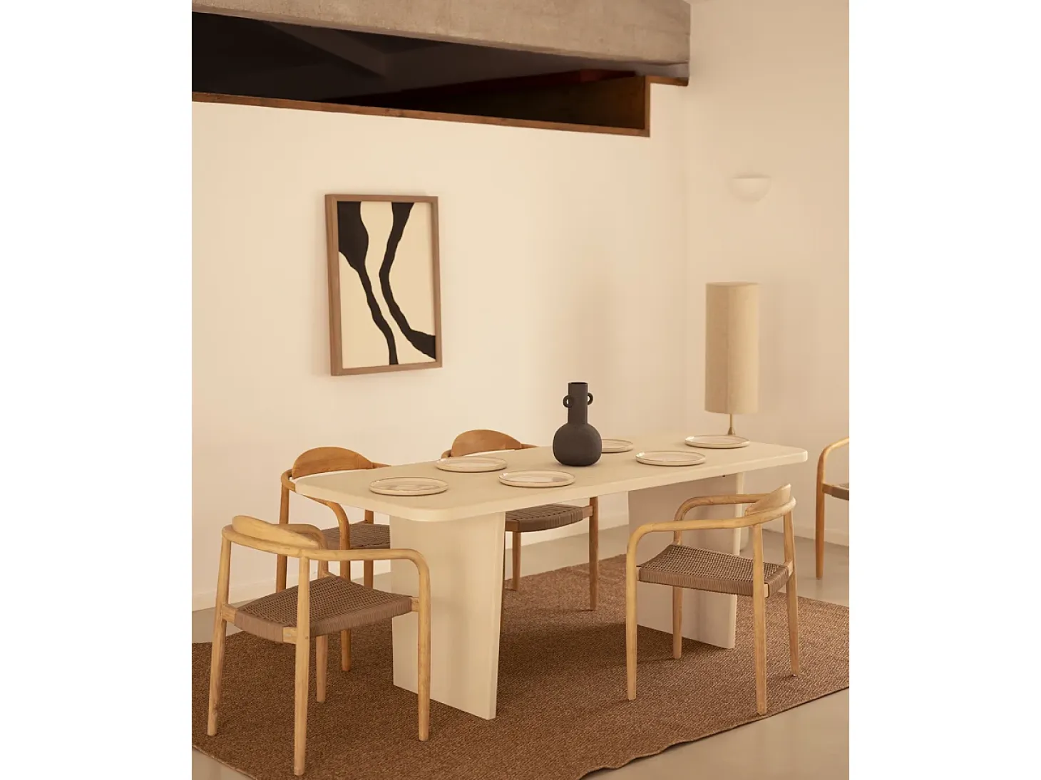 Mesa de comedor de madera de abeto maciza en microcemento rectangular Decowood de 180x75cm en tono blanco roto - BIMBA - DECOWOOD