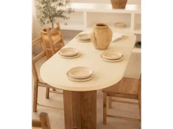 Mesa de comedor de madera maciza de abeto ovalada Decowood en tono blanco en microcemento y patas roble oscuro de 180x78cm - TOKYO - DECOWOOD