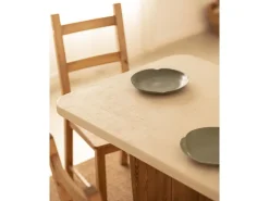 Mesa de comedor de madera de abeto maciza en microcemento rectangular Decowood de 160x75cm en tono blanco roto y patas tono roble oscuro - BIMBA - DECOWOOD