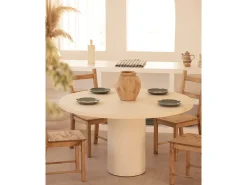 Mesa de comedor de madera de abeto maciza en microcemento redonda y soporte cilíndrico de Ø100x75cm en tono blanco roto - LUCÍA - DECOWOOD