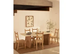 Mesa de comedor de madera de abeto maciza en microcemento rectangular Decowood de 200x75cm en tono blanco roto y patas tono roble oscuro - BIMBA - DECOWOOD