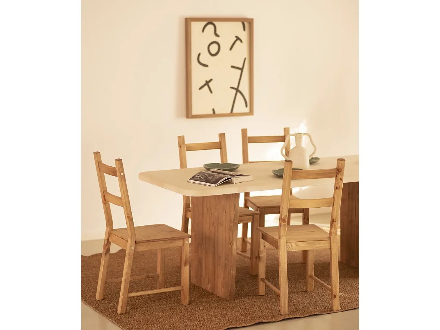 Mesa de comedor de madera de abeto maciza en microcemento rectangular Decowood de 200x75cm en tono blanco roto y patas tono roble oscuro - BIMBA - DECOWOOD