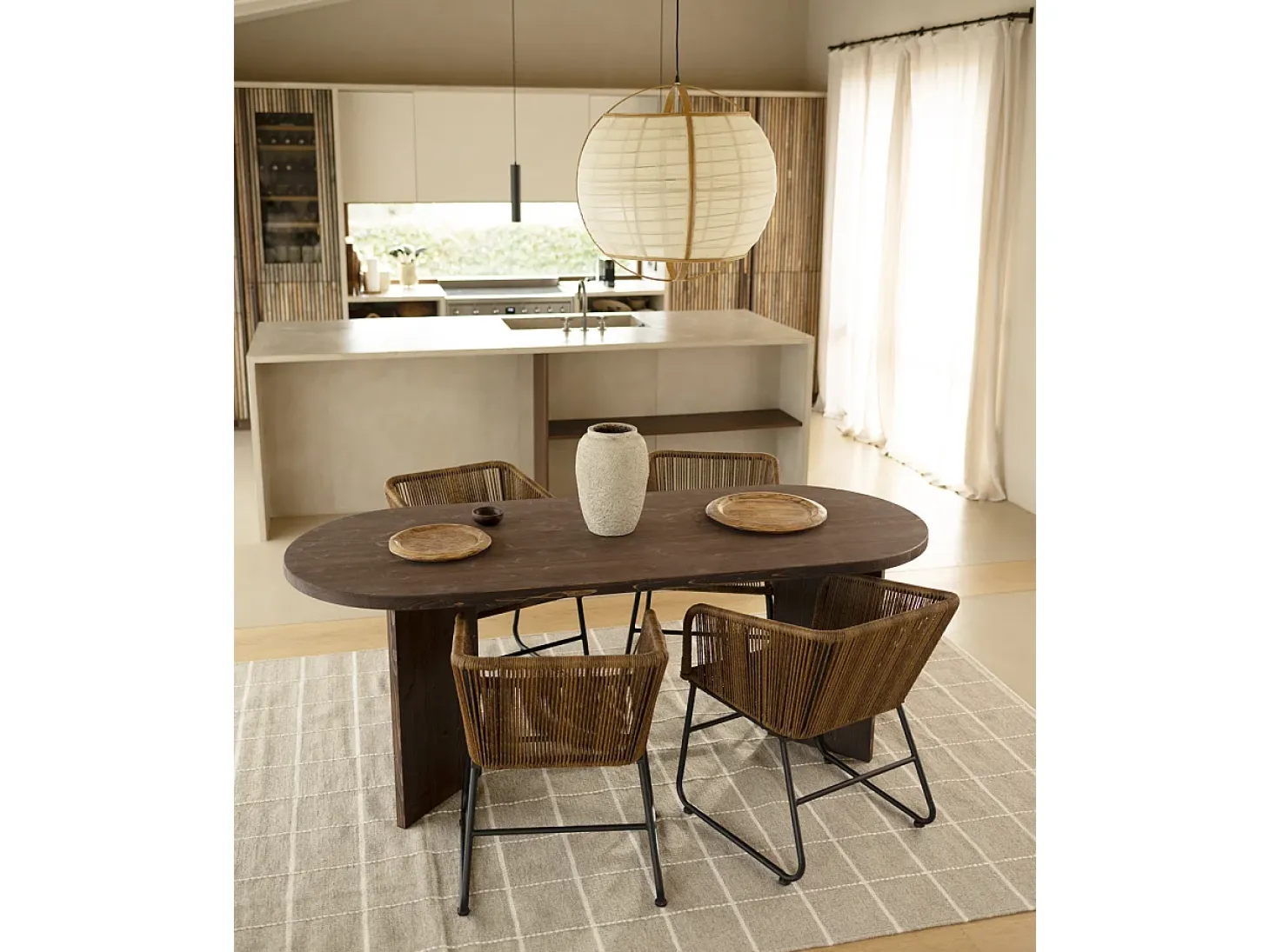 Mesa de comedor de madera maciza de abeto ovalada Decowood en tono nogal de 180x75cm en tono nogal - OSAKA - DECOWOOD