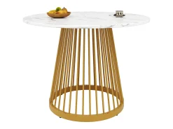 Mesa de comedor de salón 80x80x76 cm, redonda con tablero de MDF de mármol y patas de metal dorado
