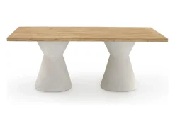 Mesa de comedor en madera de abeto y base de poliresina blanca