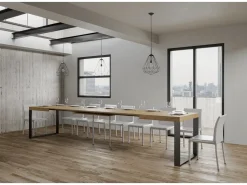 Mesa de comedor extensible tiroz-Color Natural-Base y soporte con ruedas-5 alargaderas finas-Ancho extensible