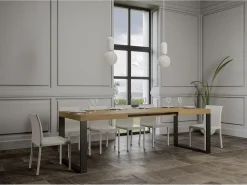 Mesa de comedor extensible tiroz-Color Natural-Base y soporte con ruedas-5 alargaderas finas-Ancho extensible