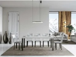 Mesa de comedor extensible Karry-Color Blanco-Base y soporte con ruedas-Ancho extensible