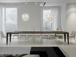 Mesa de comedor extensible Flavio-Color Marrón-Soporte 2 pies-5 alargaderas finas-Ancho extensible