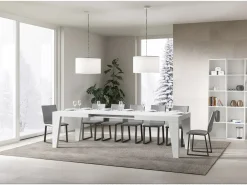 Mesa de comedor extensible de madera Naxo.-Color Blanco-Base y soporte con ruedas-Alargaderas -Ancho extensible