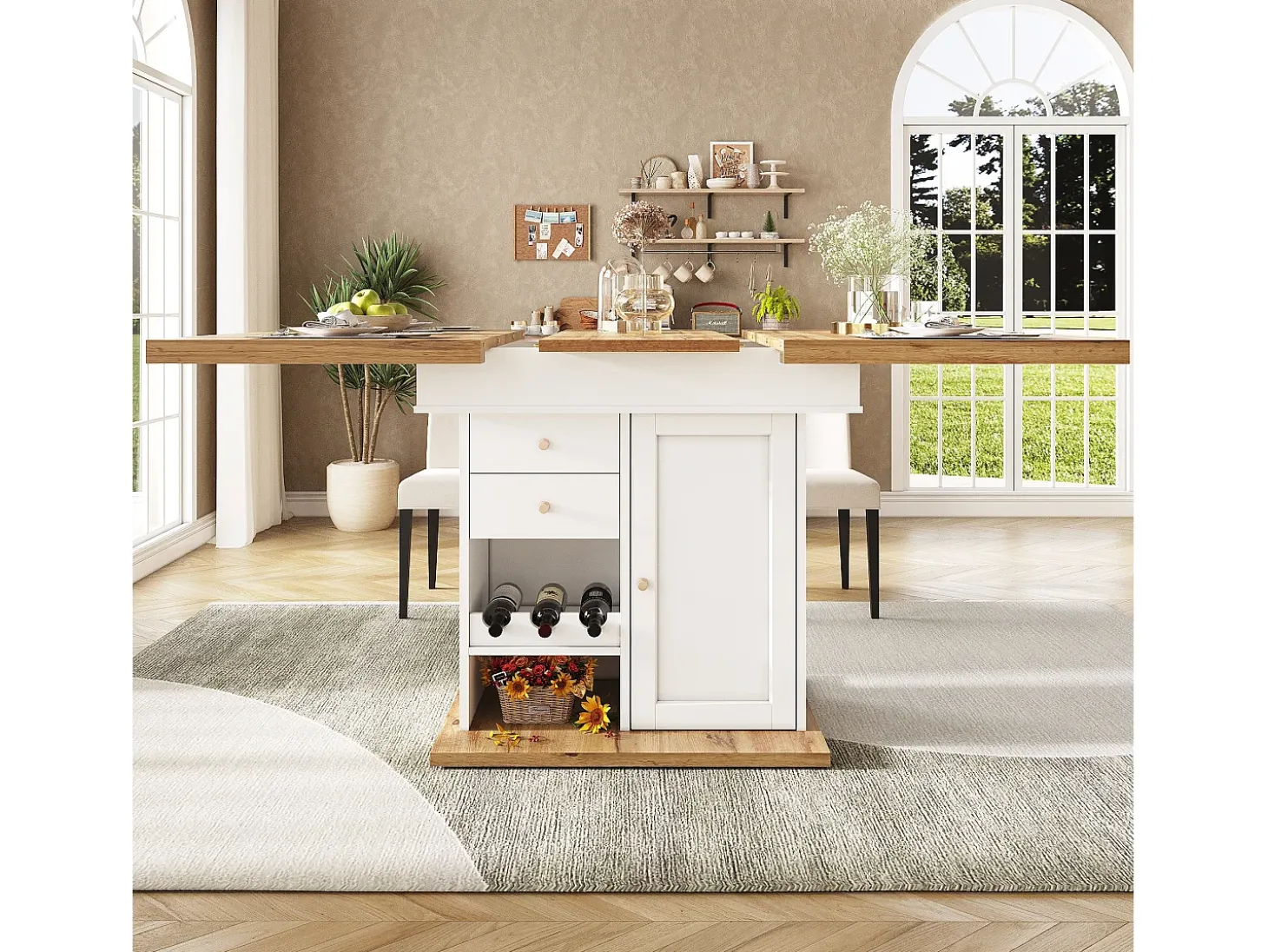 Mesa de comedor extensible 110-140×80cm - 4-6 personas - con 1 puerta y 2 cajones - con portavinos y estante para especias - Blanco