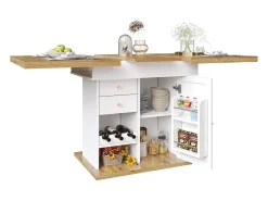 Mesa de comedor extensible 110-140×80cm - 4-6 personas - con 1 puerta y 2 cajones - con portavinos y estante para especias - Blanco