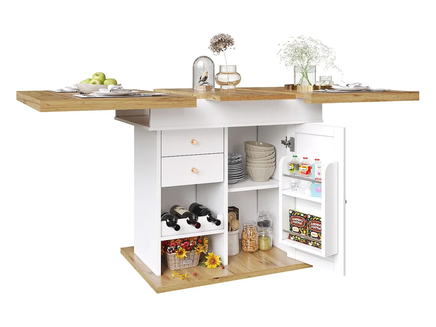 Mesa de comedor extensible 110-140×80cm - 4-6 personas - con 1 puerta y 2 cajones - con portavinos y estante para especias - Blanco