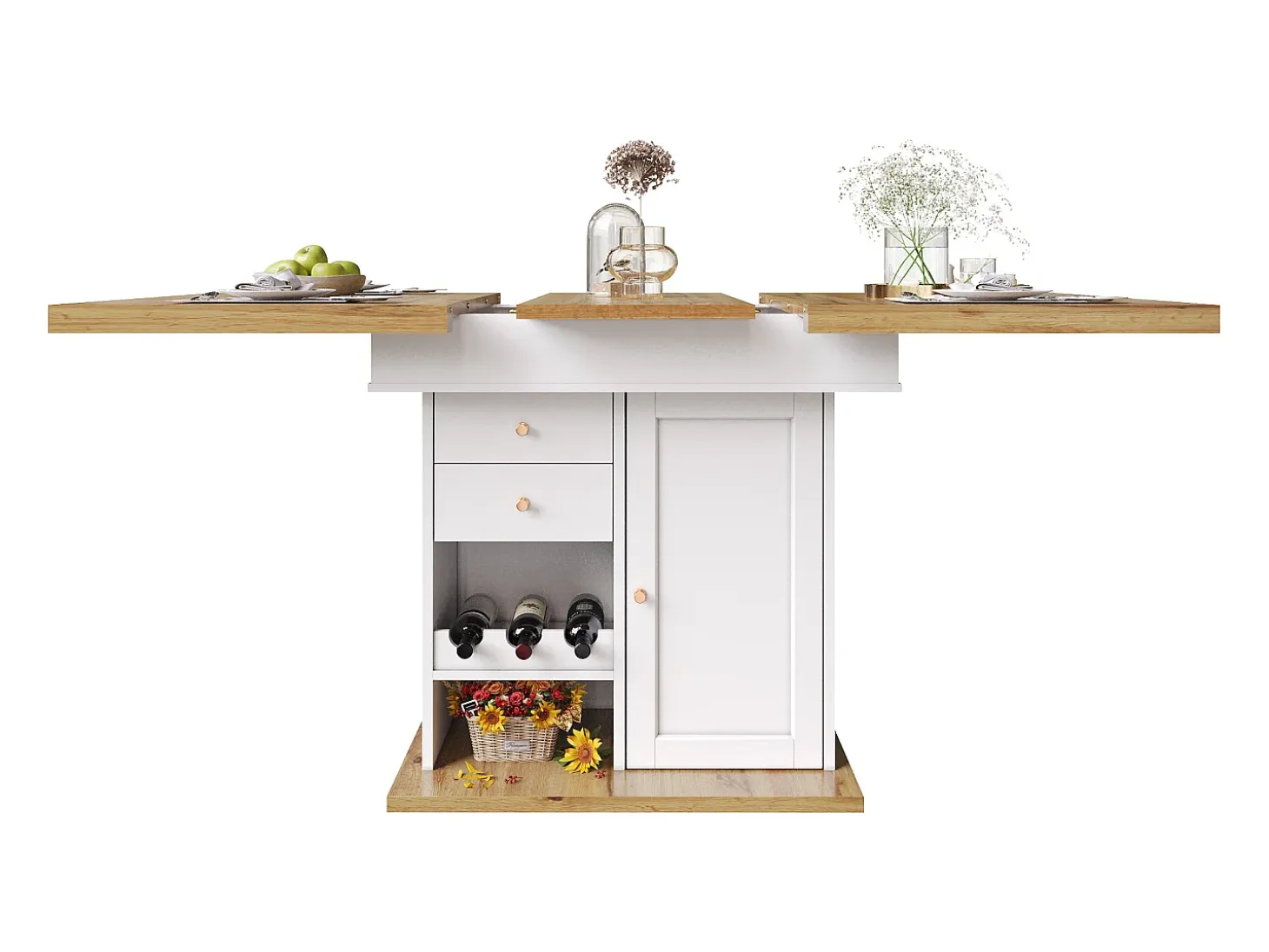Mesa de comedor extensible 110-140×80cm - 4-6 personas - con 1 puerta y 2 cajones - con portavinos y estante para especias - Blanco